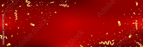 Anniversary, celebration red frame. Christmas luxury gold background. Golden confetti and ribbon banner. Birthday glitter decor. Holiday party poster. Premium design element. Vector illustration