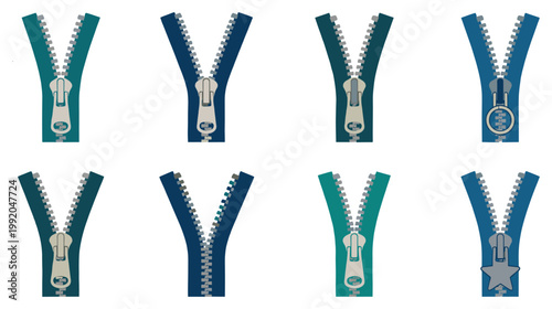 Set of colorful metal zippers with different sliders for sewing and textile work.