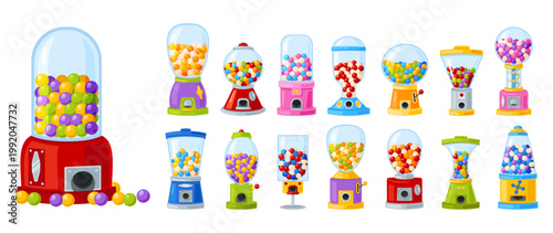 Chewing gum vending machine. Dispensers of various shapes for selling round candies for children. Gashapon balls. Gumballs and sweets in capsules. Bubblegum slot equipment vector set