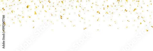 Gold confetti long banner. Christmas Holiday design element. Anniversary celebration background. Falling shiny golden confetti. Bright festive tinsel. Birthday party backdrop. Vector illustration