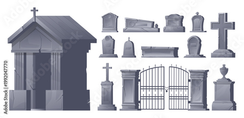 Cemetery features. Ancient tombstones Christian stone bury crosses and memorial monuments. Gothic lattice gates. Antique crypt. Grave tombs with fissures. Churchyard headstones vector set