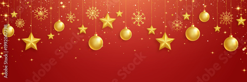 Gold balls, stars and snowflakes frame. Celebration red background. Bright Holiday ornament. Luxury hanging baubles. Christmas 3d gold glass toys. Festive glitter design elements. Vector illustration