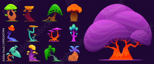 Cartoon fantasy trees. Unusual flora. Alien greenery. Mystical garden. Luminous foliage leaves and curved trunks. Vector set of bright magical forest plants with colorful crowns shapes