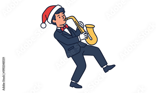 Man in Santa Hat Playing Saxophone Christmas Music Illustration
