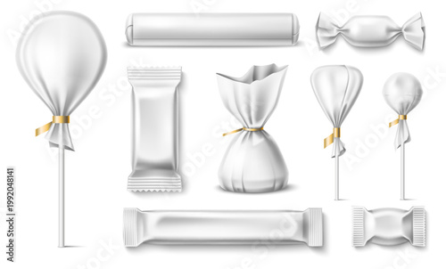 Candy wrappers. Realistic empty paper and plastic packet for various sweets. Chocolate package. Bonbon packaging. Vector mockups of empty foil sachets for delicious confectionery items