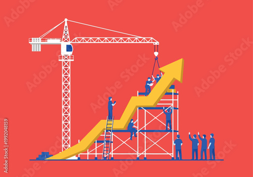Business growth concept with team of workers building a rising arrow chart with a construction crane and scaffolding