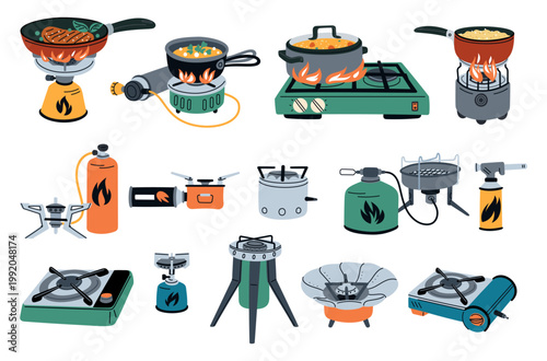 Camping gas stoves. Propane tanks. Hiking and picnic cookers. Camp portable furnaces. Travel fuel cylinder balloons. Saucepan in ovens. Vector set of tourist burners for outdoor cooking