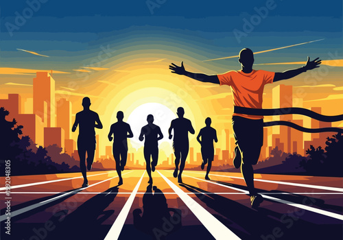A marathon runner crossing the finish line with arms raised in victory as other runners approach behind him at sunset in a city