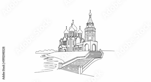 Ornate domed church with bell tower and grand staircase, set by water