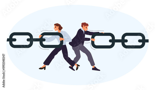 Business teamwork. Man and woman hold large metal chain from breaking. Colleagues working together. Effective partnership. Businessman pull iron bond edges with effort. Vector concept