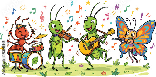 Insects Music Band Cartoon Illustration Set Featuring Ant Drummer Grasshopper Violinist Guitarist Butterfly Flutist Editable Vector Collection