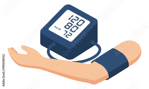 Digital Blood Pressure Monitor Measuring Patient Arm Isometric Vector