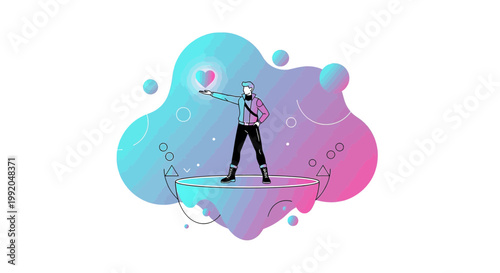 Person holding abstract heart on floating island with gradient fluid shapes
