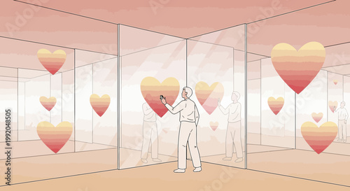 Person Interacting with Digital Hearts in Abstract Geometric Space