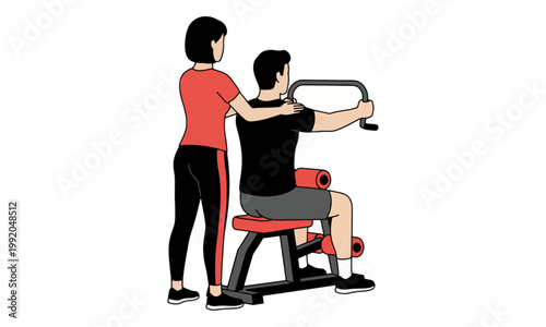 Personal Trainer Assisting Man on Gym Machine Illustration