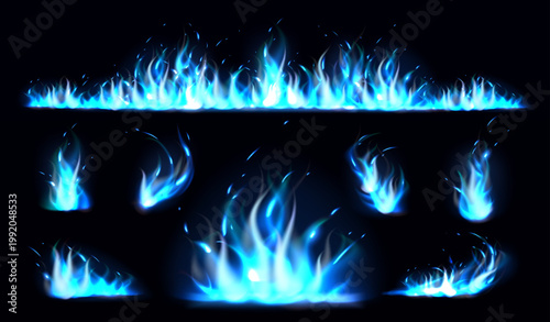 Blue flames. Realistic cold burn effects. 3D lights. Carbon monoxide colored fire. Flammable butane ignition various shapes. Glowing sparks. Hell combustion. Vector isolated elements set