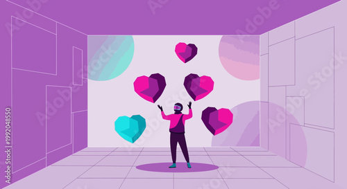 Person Juggling Geometric Hearts in Abstract Room, VR Concept