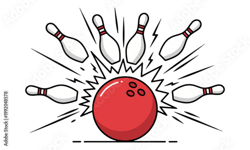 Red bowling ball hitting pins strike vector illustration