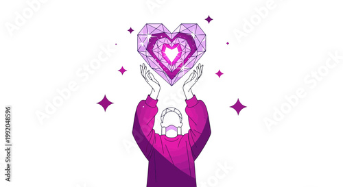 Person Holding Glowing Geometric Crystal Heart, Love, Magic, Sparkle, Abstract Background