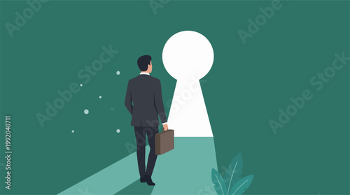 Businessman walking towards a keyhole of light, symbolizing opportunity and success