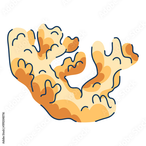 Orange colored doodle style arborescent coral with multiple branches, habitat for marine fish, coral reef element for decoration and coloring