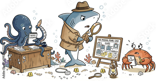 Underwater Detective Animals Cartoon Illustration Set Featuring Shark Investigator Octopus Assistant Crab Suspect Mystery Case Editable Vector Collection