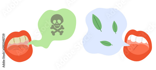Bad, foul smelling breath due to poor teeth and oral cavity. Fresh, pleasant smelling breathe from clean, healthy mouth. People suffer from halitosis. Breathing scent. Vector concept