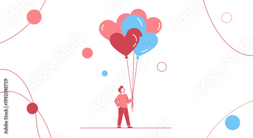 Person holding heart balloons, celebrating love, joy, and happiness with abstract background