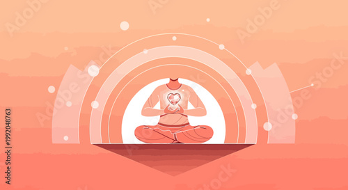 Person Meditating in Lotus Pose with Glowing Heart Chakra, Abstract Rainbow Arches