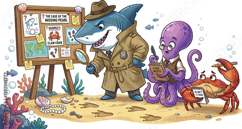 Underwater Detective Animals Cartoon Illustration Scene Featuring Shark Investigator Octopus Analyst Crab Mystery Case Board Editable Vector Collection