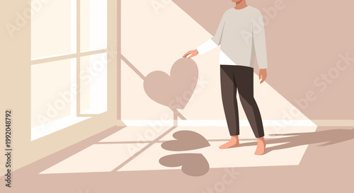 Person holding heart shape casting shadow, symbolizing love, self-care, and inner peace.