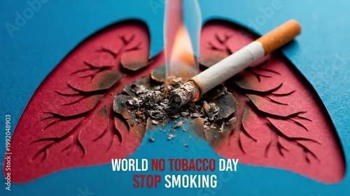 Paper cutout of a human lung with a burning cigarette, suitable for medical research, anti-smoking campaigns, health education, and public awareness.