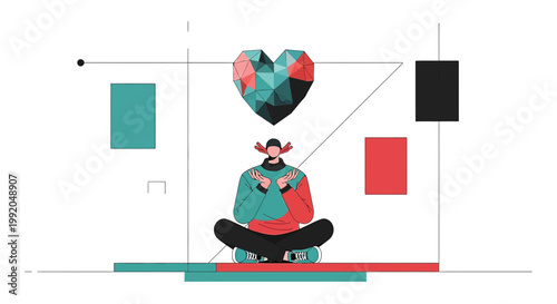 Person Meditating with Geometric Heart Above, Abstract Mindful Concept