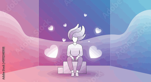 Person in abstract room with floating hearts, symbolizing love and emotions