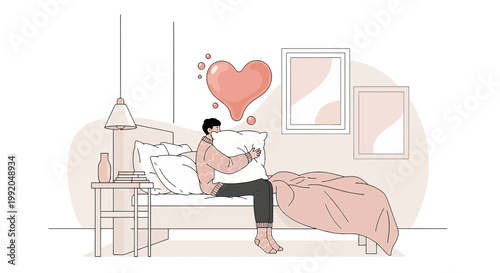 Person in Bedroom Hugging Pillow with Heart Thought Bubble, Loneliness, Love, Romance