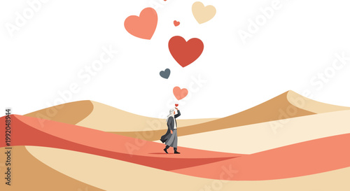 Person in Desert Holding Heart Amidst Floating Hearts