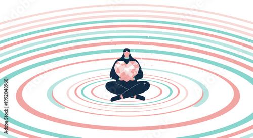 Person Meditating with Heart Symbol, Abstract Concentric Circles Background