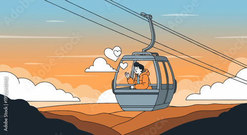Person in Cable Car with Hearts, Abstract Sky and Clouds, Journey of Love Concept