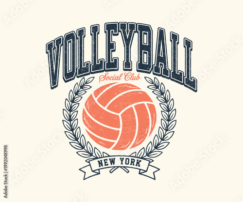 Vintage New York Volleyball Social Club Illustration - Retro Athletic Varsity Graphic with Volleyball Ball and Laurel Wreath - Classic Collegiate Style Apparel T-Shirt Design Art