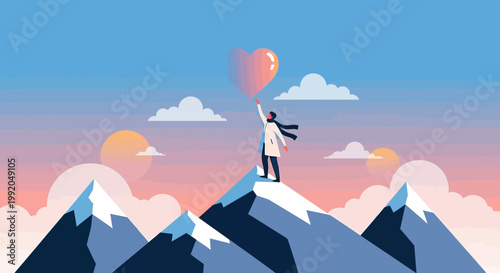 Person on Mountain Peak Holding Heart Balloon, Symbolizing Love, Hope, and Achievement
