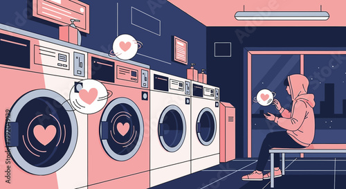 Person in laundromat with phone, hearts floating from machines, modern love concept