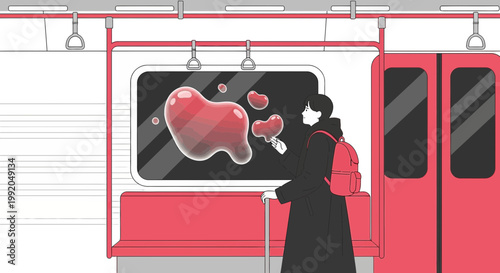 Person on Subway Looking at Abstract Red Heart Shapes on Window