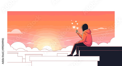 Person on Rooftop Watching Sunset with Heart Shapes Floating