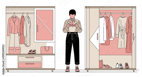 Person Organizing Closet with Clothes and Accessories