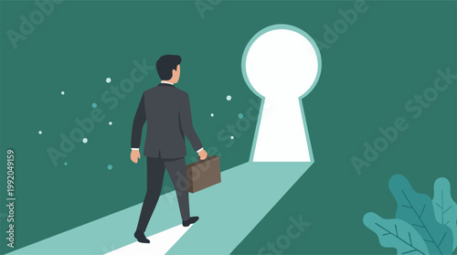 Businessman walking towards a keyhole representing new opportunities