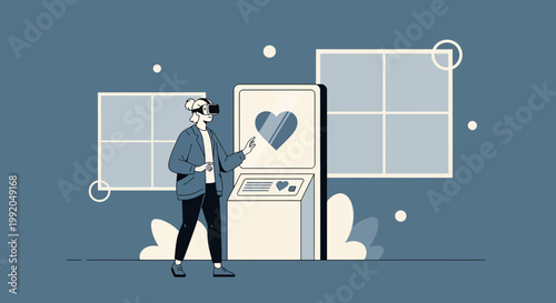 Person in VR headset interacting with digital interface featuring heart icon and data