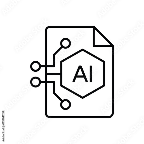 Artificial intelligence document with data network connections and abstract hexagonal ai symbol for technology and science.
