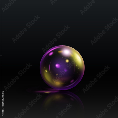 A magical glass sphere with a purple and golden glow, bright highlights, reflection, and shadow.