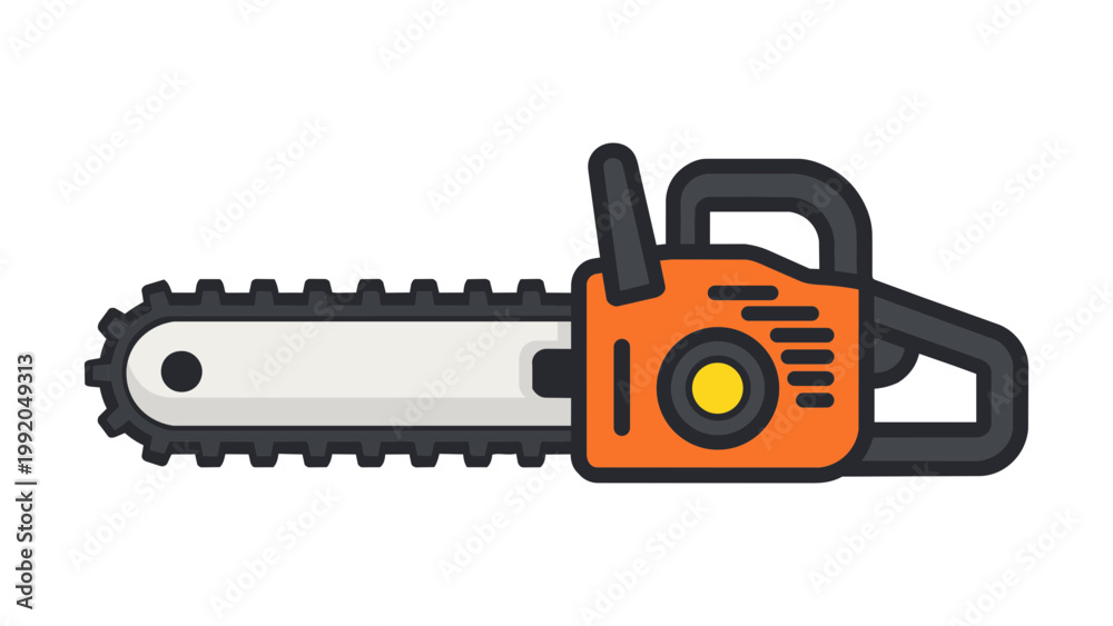Fototapeta premium Chainsaw power tool vector icon illustration, modern flat design of a portable mechanical saw for woodcutting, forestry, and gardening, isolated on a white background for professional use.
