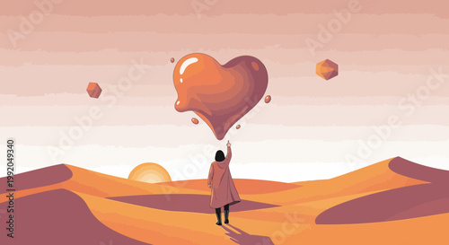 Person Reaching for Floating Heart in Surreal Desert Landscape at Sunset